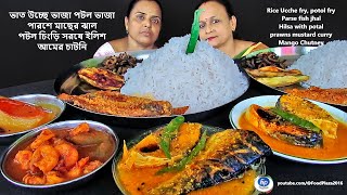 EATING HILSA FISH CURRY RICE PARSE JHAL PRAWN CURRY MANGO CHUTNEY UCCHE POTOL BHAJA LUNCH KHAWA [upl. by Nosdivad]