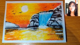 Paesaggio con cascata disegnato con i pastelli a cera [upl. by Haelam]