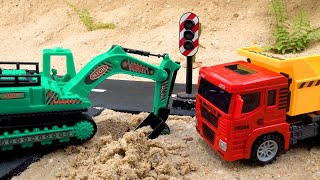 Construction vehicles at work  Excavator and dump truck install traffic lights  BIBO TOYS [upl. by Aljan]