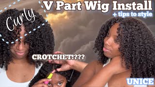 VIRAL CROTCHET METHOD USING CURLY V PART WIG  easy styling tips for a “realistic look” ft UNICE 🌸 [upl. by Learrsi]