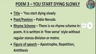 21 You are dying slowly poem poetic appreciation10th std English [upl. by Eojyllib]