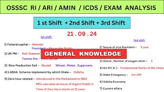 OSSSC RI ARI AMIN Question Paper Analysis  All Shift  21 September  General Knowledge [upl. by Nairoc]