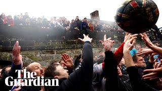 Thousands gather for annual Royal Shrovetide Football game [upl. by Mannos]