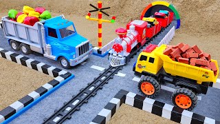 Crane truck rescue construction vehicle and sand leveling with excavator dump truck  Toy car story [upl. by Lirba]