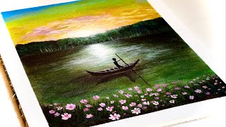 Painting for beginners  man rowing a boat scenery painting diy [upl. by Duquette]