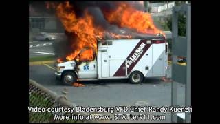 STATter911com Explosion lifts roof off burning ambulance in Mt Rainier MD [upl. by Uolymme]