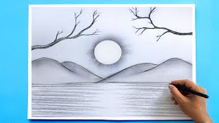 How to Draw a simple Landscape  Easy Pencil Drawing [upl. by Guillemette]