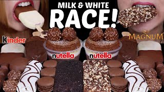 ASMR MILK amp WHITE CHOCOLATE RACE NUTELLA FERRERO CAKE MAGNUM ICE CREAM ZEBRA CAKE OREO REESES [upl. by Wat987]