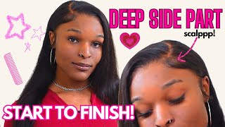 LACE FRONTAL WIG INSTALL TUTORIAL FOR BEGINNERS  DEEP SIDE PART  VERY EASY [upl. by Adnoved]