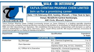 Tatva Chintan Pharma Chem Limited  Jobs Walkin Interview  Multiple Dept  Date  2024 [upl. by Aihc]