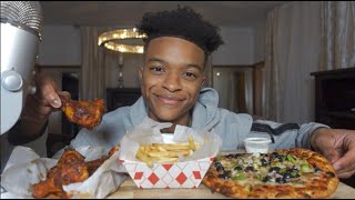 MUKBANG EATING VEGGIE PIZZA  FRIES AND CHICKEN WINGS [upl. by Eben]