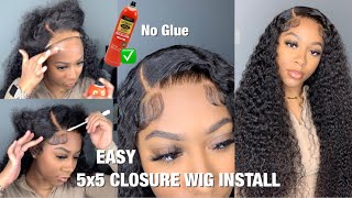 CURLY SIDE PART 5x5 CLOSURE WIG INSTALL USING EBIN LACE ADHESIVE SPRAY  West Kiss Hair [upl. by Ahsita586]