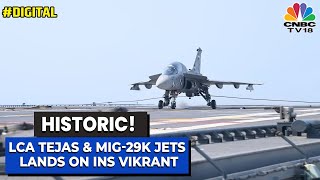 WATCH LCA Tejas amp MiG29K Jets Lands On Aircraft Carrier INS Vikrant  Visuals  CNBCTV18 [upl. by Noteloc]