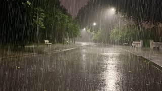 Sleep Instantly with Heavy Rainstorm amp Powerful Thunder Sounds Covering the Rainforest Park at Night [upl. by Ymmor]