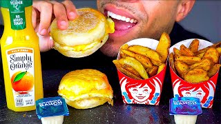 WENDYS BREAKFAST MENU REVIEW  ENGLISH MUFFINBUSCUIT CHEESEPOTATO WEDGESRANCH SAUCE ASMR MUKBANG [upl. by Lattimer]