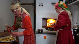 Two UDMURT hostesses preparing a viburnum pie  SHANYAN in a wood oven Russian cultures cuisine [upl. by Marelya500]