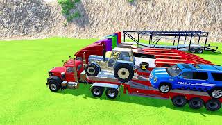 TRANSPORTING CARS AMBULANCE POLICE CARS FIRE TRUCK MONSTER TRUCK OF COLORS WITH TRUCKS  FS 22 [upl. by Virgel151]