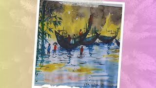 Watercolor Tutorial Painting a Cloudy Sky Bamboo Trees and Boats by the Riverside with Peoples [upl. by Eneres]