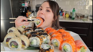 МУКБАНГ РОДЫ как это было роллы сет с лососем mukbang sushi [upl. by Holihs145]