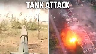 Ukrainian tank finds Russian hideout and blows warehouse to bits with close range blast [upl. by Porett]