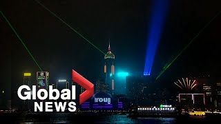 New Years 2020 Hong Kong skyline illuminated with electric light show  FULL [upl. by Prudie]