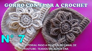 Como tejer el Gorro N° 7 a crochet con Flor en punto escalera para bebes niñas y damas paso a paso [upl. by Huang]