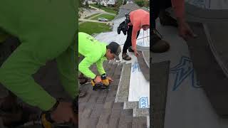 Roofing crew installing Teak Owens Corning shingles roofing owenscorning [upl. by Hannahs]