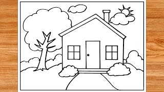 House Scenery Drawing  How to draw a simple house step by step  House drawing easy [upl. by Inalaehak]