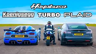 Koenigsegg v Tesla Plaid v Turbo Hayabusa DRAG RACE [upl. by Dynah]