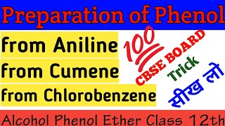 Preparation of Phenol from Aniline Chlorobenzene Cumene Alcohol phenol ether12thTutor India [upl. by Micky]