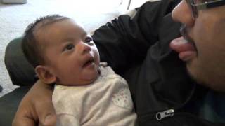 1 month old baby copies dad making face mimic and laughing [upl. by Arrol]