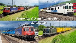 Bahnverkehr in Pieterlen amp ReuchenettePéry Mit Re 88 Panzerzug Re 44 II 11335 grün mit Postzug [upl. by Sire]