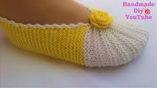 Como hacer Pantuflas con dos Agujas│Modelo de Líneas de Sandía♡Handmade Diy [upl. by Oliva]