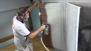 HVLP Spraying Sikkens BL Primer on louvre doors with a Graco 95 HVLP unit [upl. by Tamas]