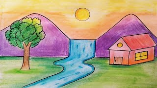 Easy landscape drawing for kids and beginnersLearn house and nature simple painting [upl. by Aihsad650]