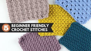 5 BEGINNER FRIENDLY Crochet Blanket Stitches  Easy Crochet Pattern Repeats for Beginners [upl. by Aiekan]