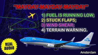 Minimum fuel MAYDAY stuck flaps KLM Boeing 737 has problems over Amsterdam Airport Real ATC [upl. by Irrot365]