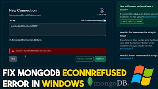 how to fix MongoNetworkError connect ECONNREFUSED 127001 27017 SOLVED in Mongodb compass windows [upl. by Epoillac]