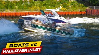 PONTOON DOUBLE STUFFS IT ENGINE OUT OF WATER   Boats vs Haulover Inlet [upl. by Novek]