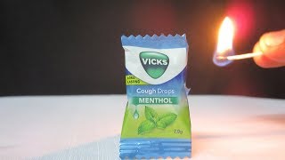 EXPERIMENT Fire Vs Cough Drops Menthol Candy Vs Camphor [upl. by Egin652]