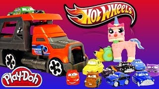 Hot Wheels Blastin Rig Cars Launcher  Disney Pixar Cars Micro Drifters and Play Doh Unikitty [upl. by Lynna386]