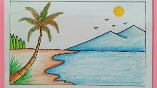 Cara Menggambar Pemandangan Pantai  How To Draw A Scenery Of Sea Beach [upl. by Selbbep]