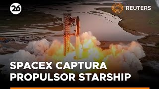 SpaceX captura el propulsor gigante Starship en su plataforma de lanzamiento  Reuters [upl. by Lilian]