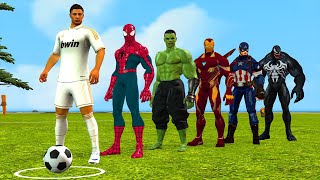 SpiderMan with challenge your soccer skills vs ronaldo vs messi vs Hulk vs iron man  5 superhero [upl. by Eissahc]