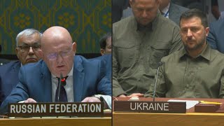 UN Russias Nebenzya objects to Zelensky speaking first at Security Council  AFP [upl. by Anivlem]