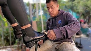 BOOTS On FIRE 🔥 Street Shoe Shine By Francisco 🇲🇽 Mexico City ASMR SOUNDS [upl. by Susumu]