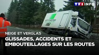 Neige verglas  glissades accidents et embouteillages sur les routes [upl. by Nmutua]