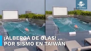 Sujeto vive terremoto en Taiwán dentro de una alberca en la azotea de un hotel [upl. by Nilekcaj884]