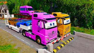 Double Flatbed Trailer Truck vs Speed Bumps  Busses vs Speed Bumps  BeamNGDrive 2 [upl. by Nuris]