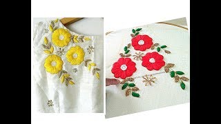 Satin Stitch Flower Embroidery Boat Neck ChuridarKurtiAari Maggam Embroidery  Hand Stitches [upl. by Drabeck]